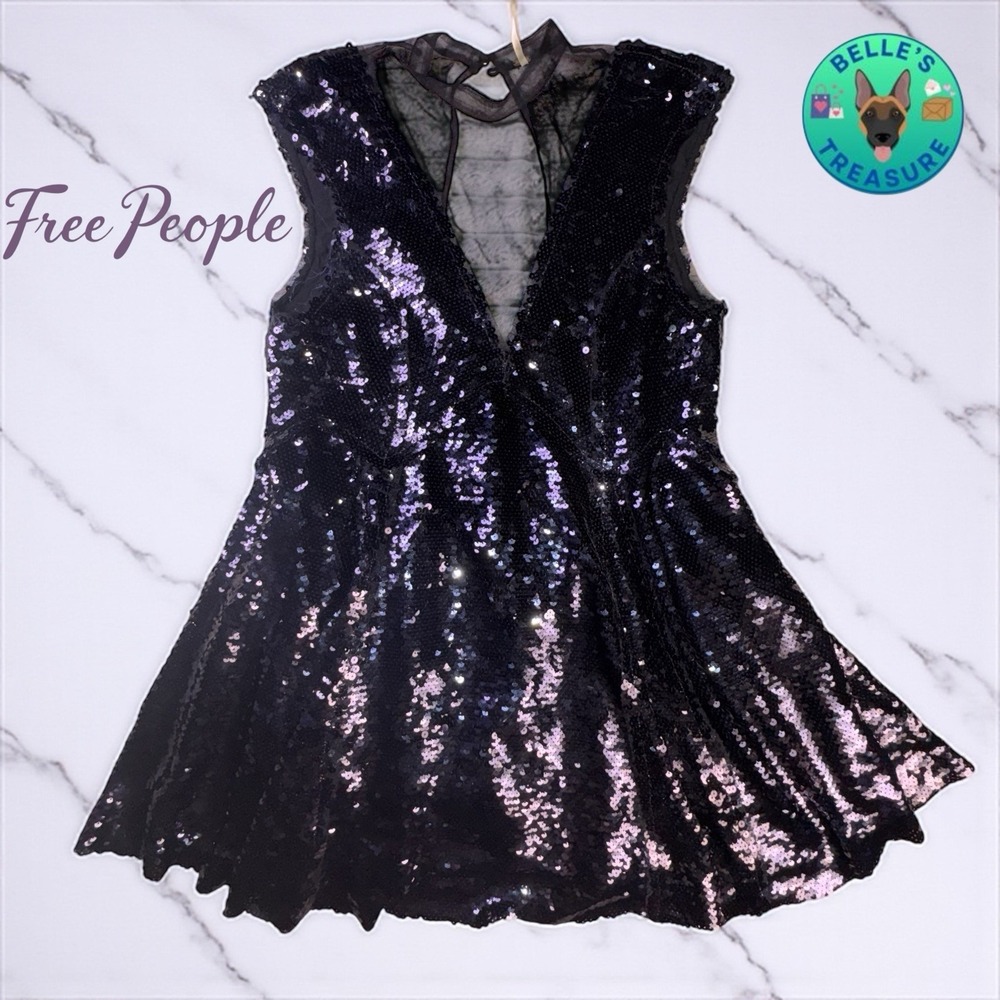 Free People Dress Womens Large‎ Black Til Dawn Sequin Mini Dress Tunic Top Fairy